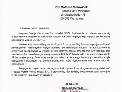 Stanowisko KSGRM NSZZ „S” ws. zawieszenia podatku od miedzi i srebra na czas epidemii
