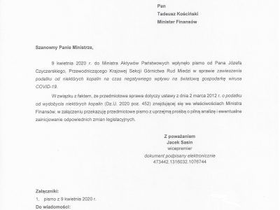 Reakcja na pismo dotyczące zawieszenia podatku od miedzi i srebra