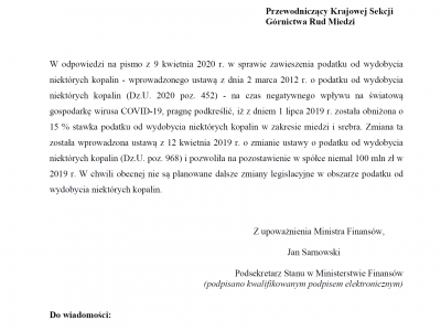 Pismo KSGRM NSZZ Solidarność ws. odpowiedzi z Ministerstwa Finansów dot. podatku od miedzi i srebra