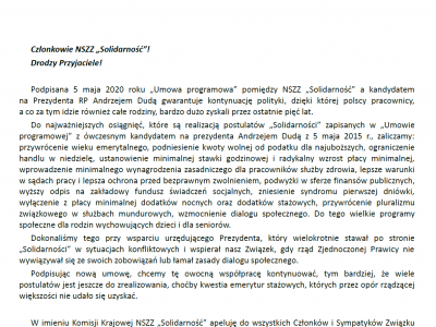 Apel Przewodniczącego KK NSZZ „Solidarność” Piotra Dudy ws. wyborów prezydenckich