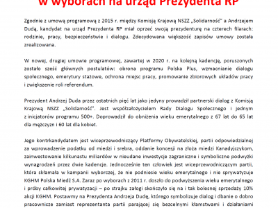 KSGRM NSZZ „Solidarność” popiera Andrzeja Dudę
