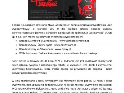 Bony wypoczynkowe dla członków NSZZ „Solidarność”