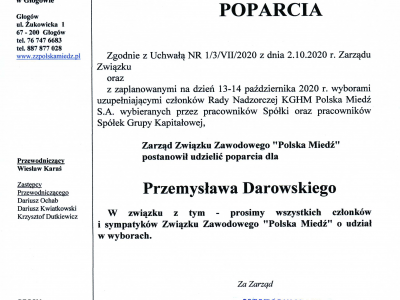ZZ „Polska Miedź” w Hucie Miedzi Głogów popiera Przemysława Darowskiego