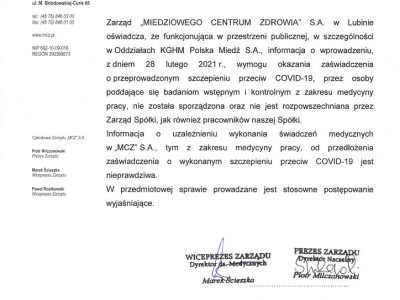 Zarząd MCZ zdementował nieprawdziwe informacje o obowiązkowych szczepieniach