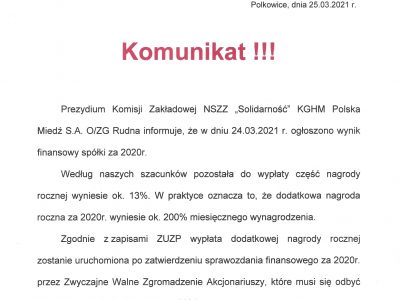KGHM: informacja o wysokości dodatkowej nagrody rocznej