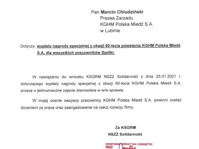 KGHM: NSZZ „Solidarność” pisze w sprawie nagrody na 60-lecie KGHM