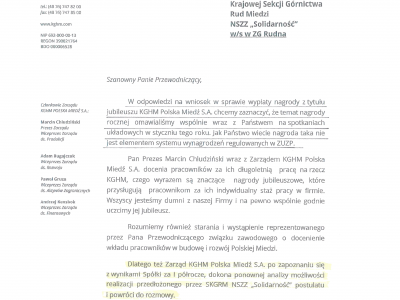 KGHM: odpowiedź w sprawie nagrody na 60-lecie Spółki