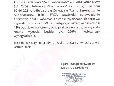 KGHM: informacja o nagrodzie rocznej za 2020 rok