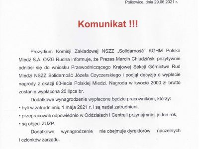 Nagroda z okazji 60-lecia dla pracowników KGHM