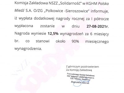 KGHM: dodatkowa nagroda roczna za I półrocze 2021 r.