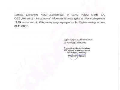KGHM: informacja o zaliczce na poczet dodatkowej nagrody rocznej