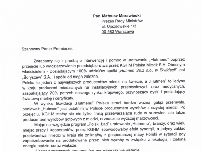 List do premiera Morawieckiego ws. Hutmenu