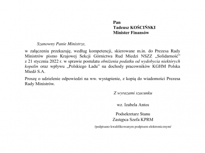Pismo KSGRM NSZZ „S” przekazane do Ministerstwa Finansów