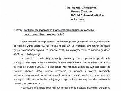 KGHM: pismo w sprawie Polskiego Ładu i negocjacji płacowych