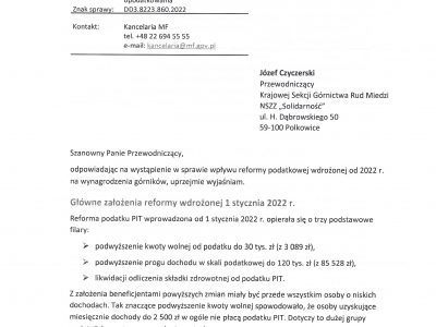 Odpowiedź z Ministerstwa Finansów na pismo KSGRM NSZZ „Solidarność”