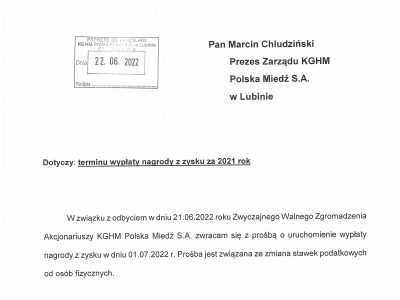 KGHM: pismo ws. zmiany terminu wypłaty nagrody z zysku