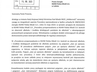 Pismo ws. kontroli na obecność alkoholu i środków podobnie działających do alkoholu
