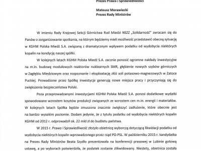 Pismo do Prezesa Kaczyńskiego i Premiera Morawieckiego ws. podatku od miedzi i srebra