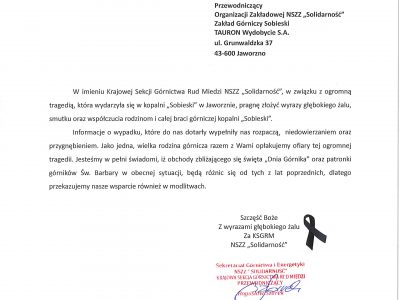 List kondolencyjny w związku z tragedią w kopalni Sobieski w Jaworznie