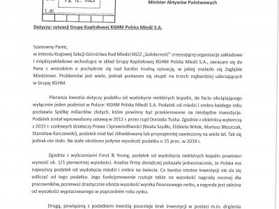 Pismo KSGRM do Ministra Aktywów Państwowych