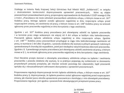 Propozycja KSGRM NSZZ „Solidarność” wprowadzenia do ZUZP urlopu na żądanie i siły wyższej