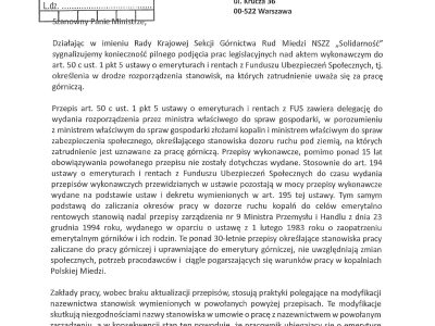Pismo do ministra ws. problemów z uprawnieniami emerytalnymi w KGHM